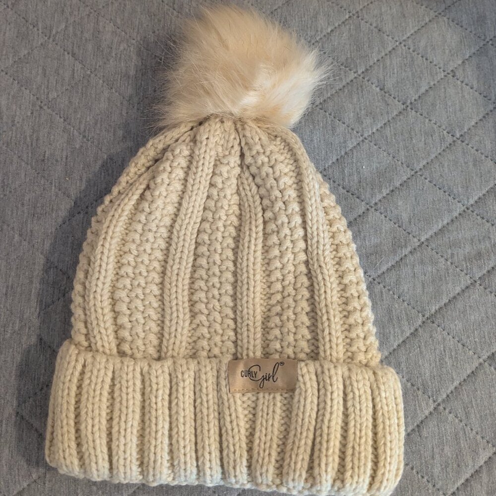 Curly Girl Satin Lined Beanie with Pom Winter Hat Cream-OS